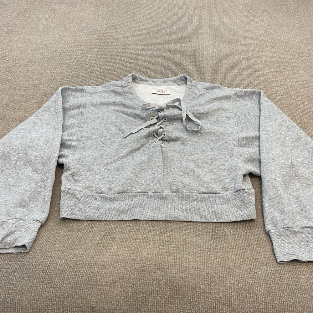 Victoria's Secret Sweatshirt Womens Small Gray Lace Up Cropped Fleece Crewneck